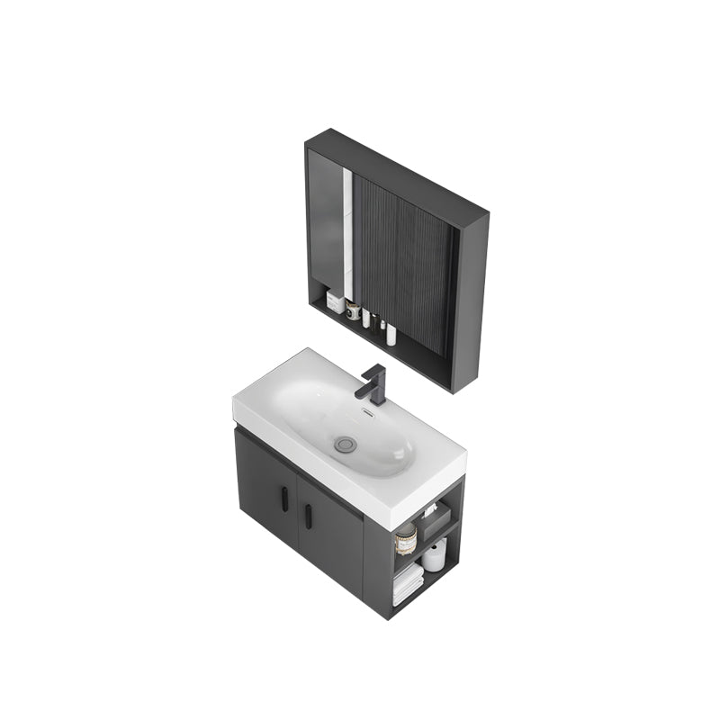 Modern Dark Gray Ceramic Vanity Single-Sink Wall Mount Vanity Sink Vanity & Faucet & Mirror Cabinet 24"L x 14"W x 21"H Clearhalo 'Bathroom Remodel & Bathroom Fixtures' 'Bathroom Vanities' 'bathroom_vanities' 'Home Improvement' 'home_improvement' 'home_improvement_bathroom_vanities' 7333006