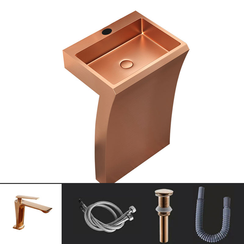 Contemporary Bathroom Sink with Pop-Up Drain Rectangular Metal Pedestal Sink Rose Gold 7 Shape Sink with Faucet Clearhalo 'Bathroom Remodel & Bathroom Fixtures' 'Bathroom Sinks & Faucet Components' 'Bathroom Sinks' 'bathroom_sink' 'Home Improvement' 'home_improvement' 'home_improvement_bathroom_sink' 7333063