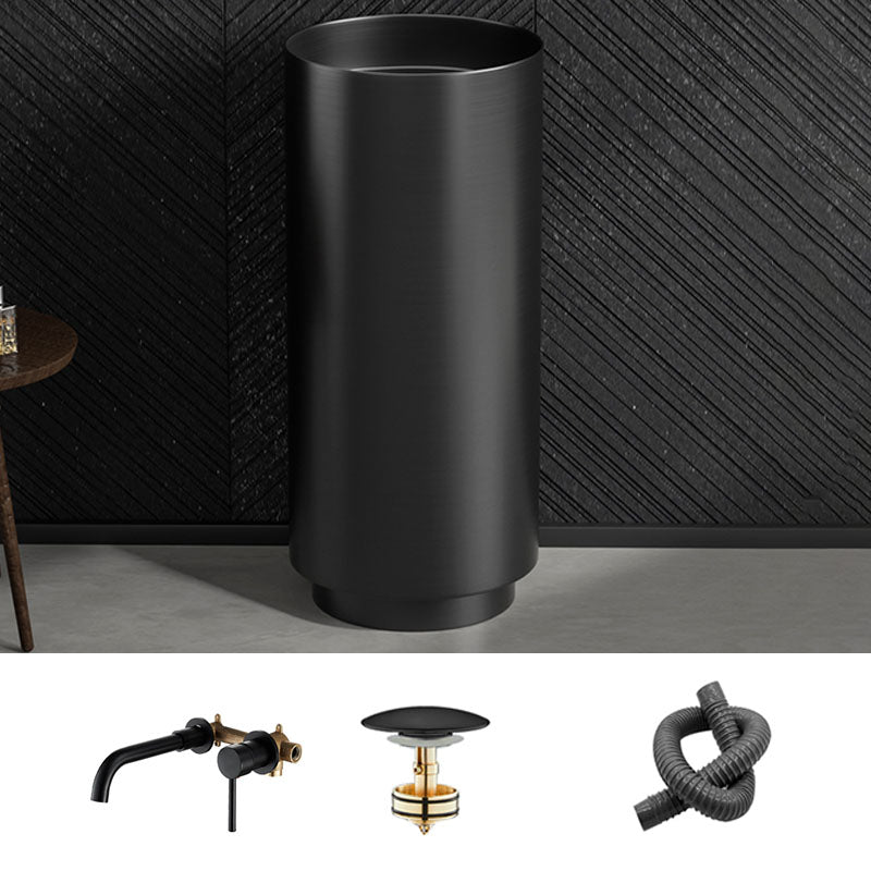 Modern Bathroom Sink Metal Round with Pop-Up Drain Pedestal Sink Black Dual Hole Wall-Mounted Faucet Sink with Faucet Clearhalo 'Bathroom Remodel & Bathroom Fixtures' 'Bathroom Sinks & Faucet Components' 'Bathroom Sinks' 'bathroom_sink' 'Home Improvement' 'home_improvement' 'home_improvement_bathroom_sink' 7333082