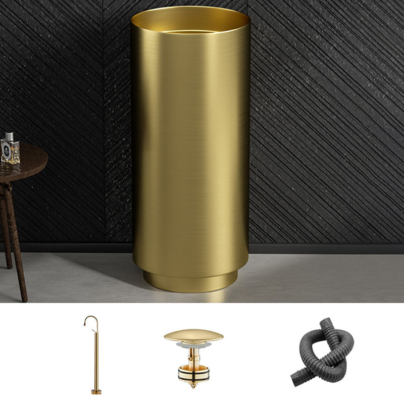 Modern Bathroom Sink Metal Round with Pop-Up Drain Pedestal Sink Gold Swivel Faucet Sink with Faucet Clearhalo 'Bathroom Remodel & Bathroom Fixtures' 'Bathroom Sinks & Faucet Components' 'Bathroom Sinks' 'bathroom_sink' 'Home Improvement' 'home_improvement' 'home_improvement_bathroom_sink' 7333097