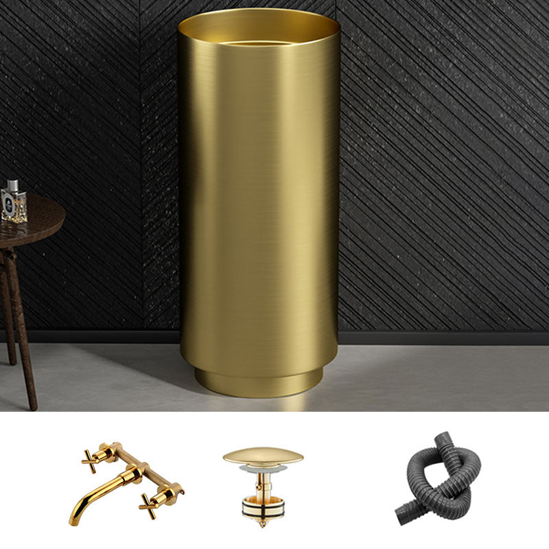 Modern Bathroom Sink Metal Round with Pop-Up Drain Pedestal Sink Gold Triporate Sink with Faucet Clearhalo 'Bathroom Remodel & Bathroom Fixtures' 'Bathroom Sinks & Faucet Components' 'Bathroom Sinks' 'bathroom_sink' 'Home Improvement' 'home_improvement' 'home_improvement_bathroom_sink' 7333098
