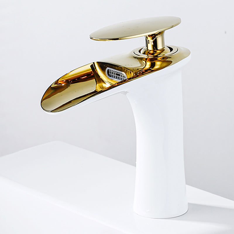 Farmhouse Wide Spread Bathroom Faucet Brass Lever Lavatory Faucet White-Gold 6.9" Clearhalo 'Bathroom Remodel & Bathroom Fixtures' 'Bathroom Sink Faucets' 'Bathroom Sinks & Faucet Components' 'bathroom_sink_faucets' 'Home Improvement' 'home_improvement' 'home_improvement_bathroom_sink_faucets' 7334449