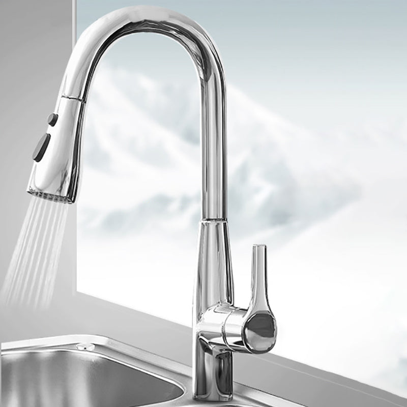 Gooseneck Kitchen Bar Faucet Swivel Spout with Single Handle Silver Pulling Clearhalo 'Home Improvement' 'home_improvement' 'home_improvement_kitchen_faucets' 'Kitchen Faucets' 'Kitchen Remodel & Kitchen Fixtures' 'Kitchen Sinks & Faucet Components' 'kitchen_faucets' 7334517