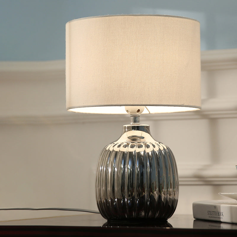 14"/15" L 1 Bulb Bedroom Ceramic Night Lighting Minimal White Finish Table Light with Drum Fabric Shade White Clearhalo 'Lamps' 'Table Lamps' Lighting' 733526