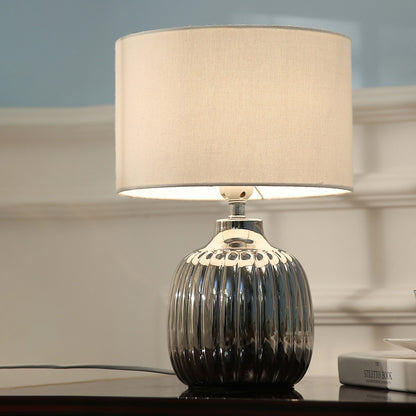 14"/15" L 1 Bulb Bedroom Ceramic Night Lighting Minimal White Finish Table Light with Drum Fabric Shade White Clearhalo 'Lamps' 'Table Lamps' Lighting' 733526