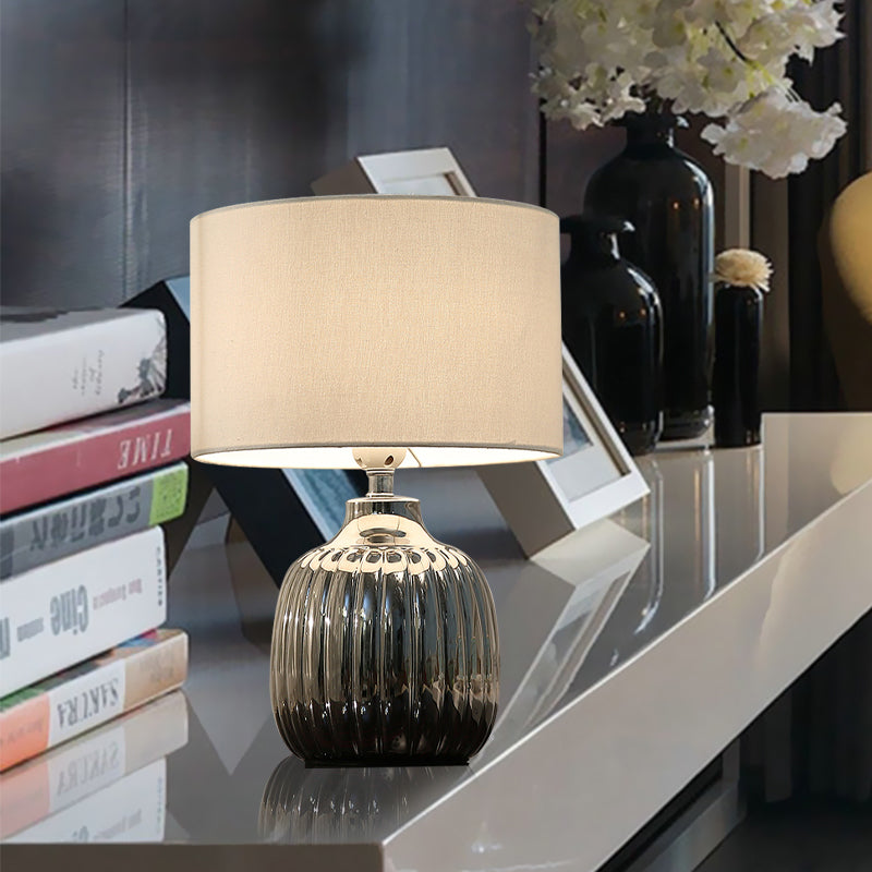 14"/15" L 1 Bulb Bedroom Ceramic Night Lighting Minimal White Finish Table Light with Drum Fabric Shade Clearhalo 'Lamps' 'Table Lamps' Lighting' 733527