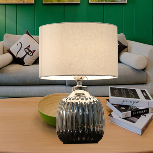 14"/15" L 1 Bulb Bedroom Ceramic Night Lighting Minimal White Finish Table Light with Drum Fabric Shade Clearhalo 'Lamps' 'Table Lamps' Lighting' 733528