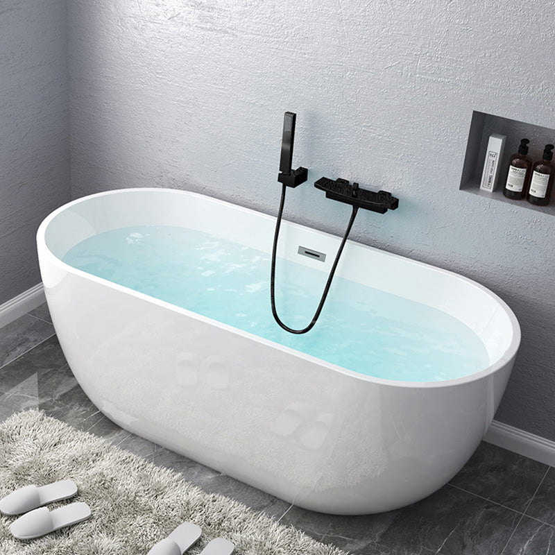 Acrylic Freestanding Bath Back to Wall Modern Oval White Bathtub Black Tub with Wall Mounted Faucets Clearhalo 'Bathroom Remodel & Bathroom Fixtures' 'Bathtubs' 'Home Improvement' 'home_improvement' 'home_improvement_bathtubs' 'Showers & Bathtubs' 7335694