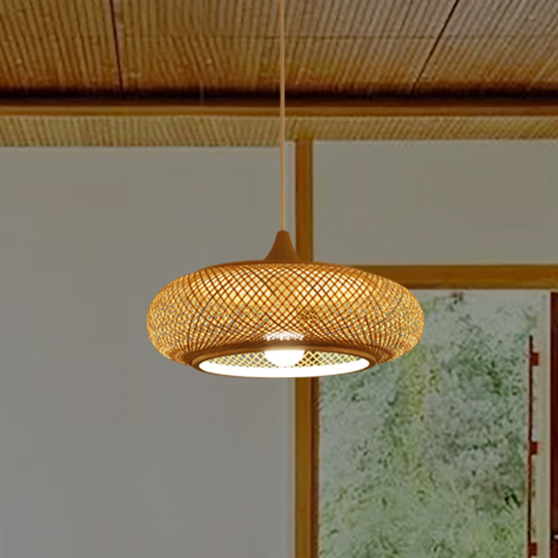 Modernism Round Bamboo Pendant Lamp 1 Head Hanging Ceiling Light in Beige for Tea Room Clearhalo 'Ceiling Lights' 'Modern Pendants' 'Modern' 'Pendant Lights' 'Pendants' Lighting' 733576