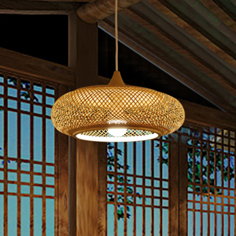 Modernism Round Bamboo Pendant Lamp 1 Head Hanging Ceiling Light in Beige for Tea Room Clearhalo 'Ceiling Lights' 'Modern Pendants' 'Modern' 'Pendant Lights' 'Pendants' Lighting' 733577