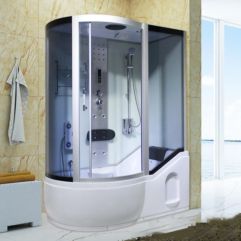 Double Sliding White Shower Kit Tinted Framed Tub & Shower Kit 55"L x 33"W x 83"H White Clearhalo 'Bathroom Remodel & Bathroom Fixtures' 'Home Improvement' 'home_improvement' 'home_improvement_shower_stalls_enclosures' 'Shower Stalls & Enclosures' 'shower_stalls_enclosures' 'Showers & Bathtubs' 7337725