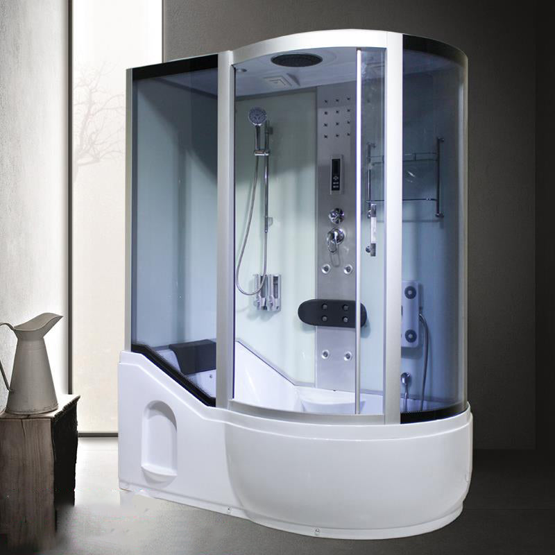 Double Sliding White Shower Kit Tinted Framed Tub & Shower Kit 63"L x 35"W x 83"H White Clearhalo 'Bathroom Remodel & Bathroom Fixtures' 'Home Improvement' 'home_improvement' 'home_improvement_shower_stalls_enclosures' 'Shower Stalls & Enclosures' 'shower_stalls_enclosures' 'Showers & Bathtubs' 7337728