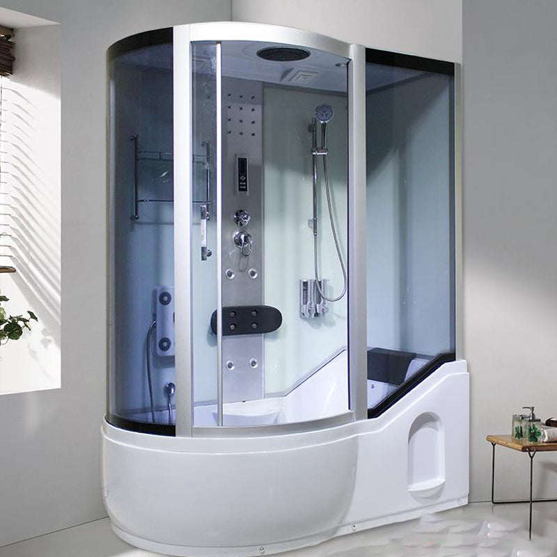Double Sliding White Shower Kit Tinted Framed Tub & Shower Kit 59"L x 35"W x 83"H White Clearhalo 'Bathroom Remodel & Bathroom Fixtures' 'Home Improvement' 'home_improvement' 'home_improvement_shower_stalls_enclosures' 'Shower Stalls & Enclosures' 'shower_stalls_enclosures' 'Showers & Bathtubs' 7337735