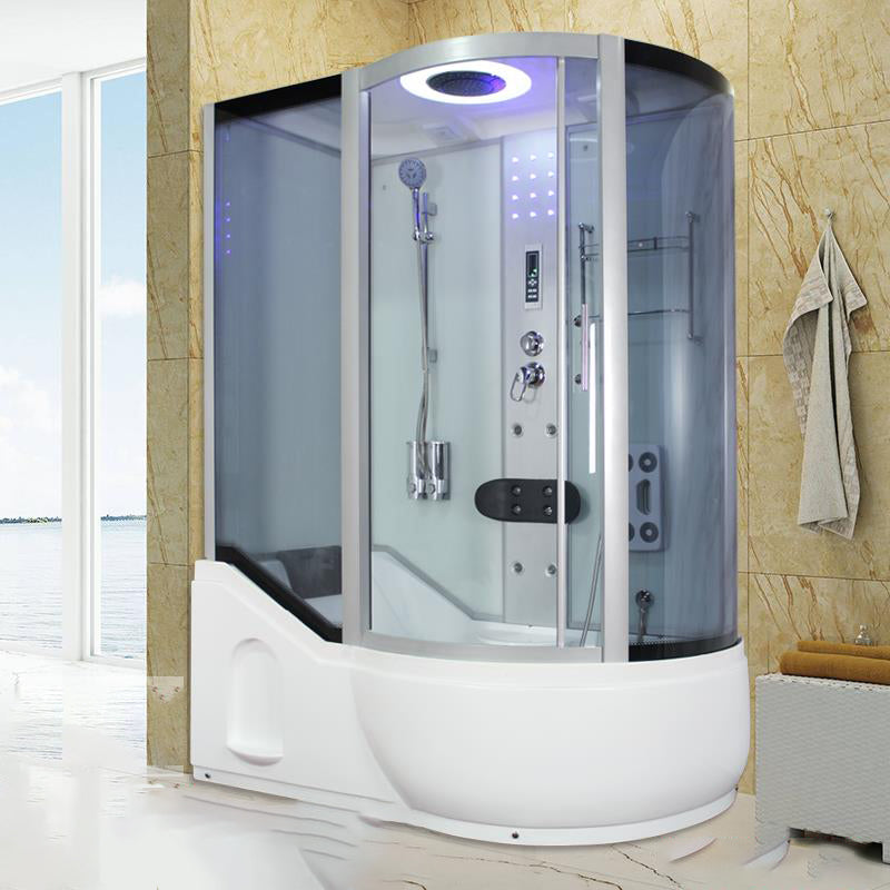 Double Sliding White Shower Kit Tinted Framed Tub & Shower Kit 55"L x 33"W x 85"H White Clearhalo 'Bathroom Remodel & Bathroom Fixtures' 'Home Improvement' 'home_improvement' 'home_improvement_shower_stalls_enclosures' 'Shower Stalls & Enclosures' 'shower_stalls_enclosures' 'Showers & Bathtubs' 7337737