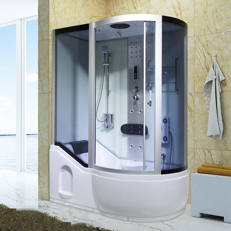 Double Sliding White Shower Kit Tinted Framed Tub & Shower Kit 51"L x 33"W x 83"H White Clearhalo 'Bathroom Remodel & Bathroom Fixtures' 'Home Improvement' 'home_improvement' 'home_improvement_shower_stalls_enclosures' 'Shower Stalls & Enclosures' 'shower_stalls_enclosures' 'Showers & Bathtubs' 7337739