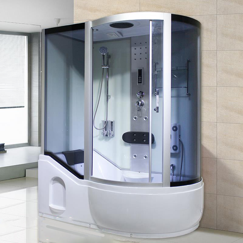 Double Sliding White Shower Kit Tinted Framed Tub & Shower Kit 67"L x 35"W x 83"H White Clearhalo 'Bathroom Remodel & Bathroom Fixtures' 'Home Improvement' 'home_improvement' 'home_improvement_shower_stalls_enclosures' 'Shower Stalls & Enclosures' 'shower_stalls_enclosures' 'Showers & Bathtubs' 7337745