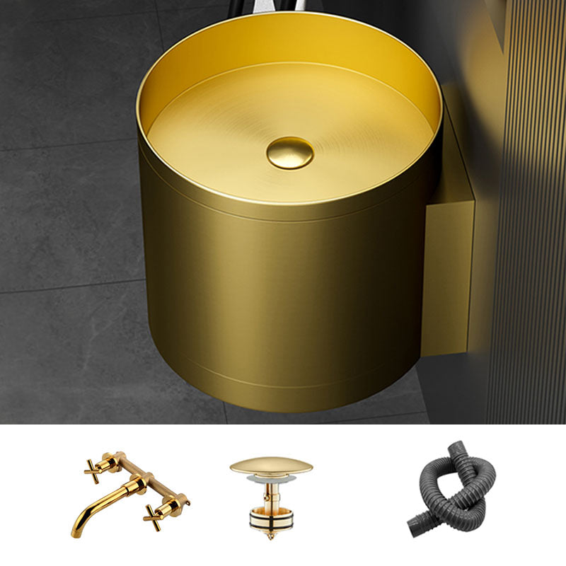 Contemporary Bathroom Sink with Pop-Up Drain Round Metal Wall Mount Bathroom Sink Gold Triporate Sink with Faucet Clearhalo 'Bathroom Remodel & Bathroom Fixtures' 'Bathroom Sinks & Faucet Components' 'Bathroom Sinks' 'bathroom_sink' 'Home Improvement' 'home_improvement' 'home_improvement_bathroom_sink' 7338132