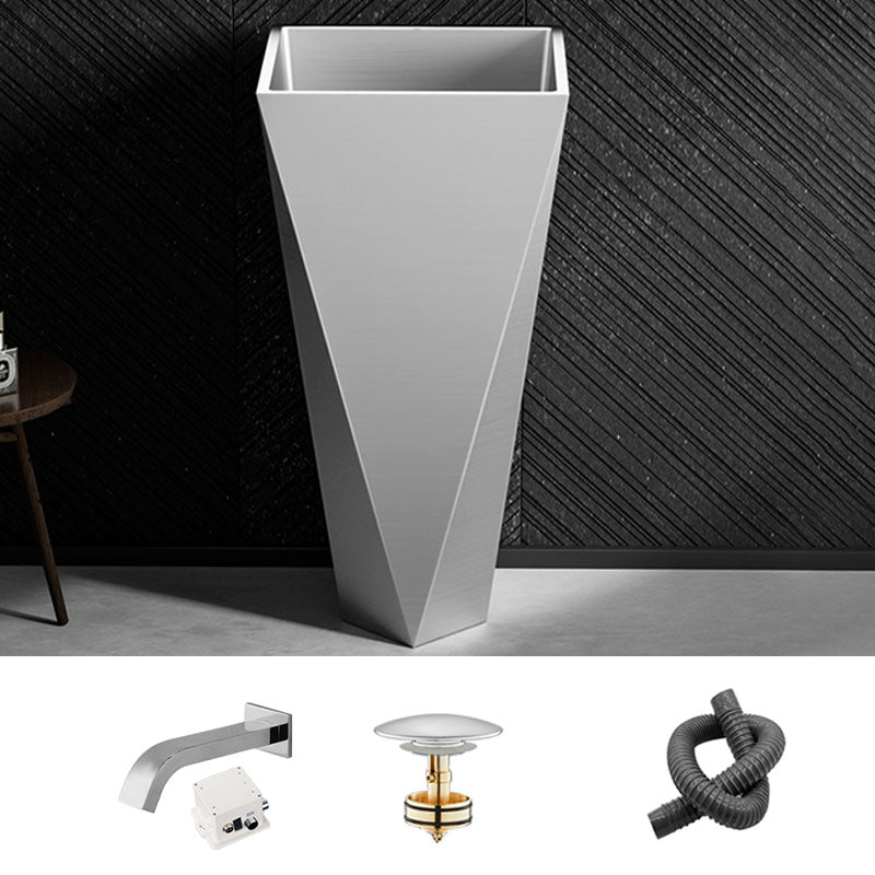 Modern Bathroom Sink with Pop-Up Drain Metal Rectangular Pedestal Bathroom Sink Silver Single Hole Sink with Faucet Clearhalo 'Bathroom Remodel & Bathroom Fixtures' 'Bathroom Sinks & Faucet Components' 'Bathroom Sinks' 'bathroom_sink' 'Home Improvement' 'home_improvement' 'home_improvement_bathroom_sink' 7338162