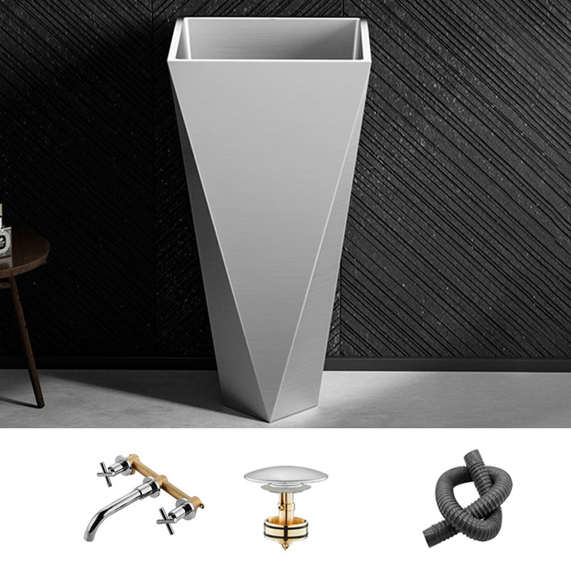 Modern Bathroom Sink with Pop-Up Drain Metal Rectangular Pedestal Bathroom Sink Silver Triporate Sink with Faucet Clearhalo 'Bathroom Remodel & Bathroom Fixtures' 'Bathroom Sinks & Faucet Components' 'Bathroom Sinks' 'bathroom_sink' 'Home Improvement' 'home_improvement' 'home_improvement_bathroom_sink' 7338164