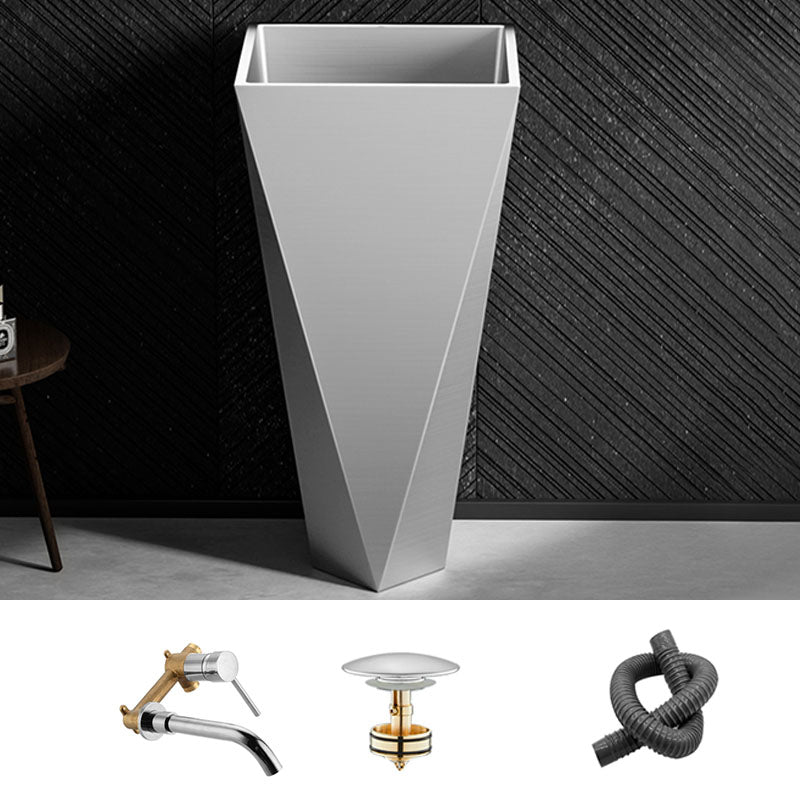 Modern Bathroom Sink with Pop-Up Drain Metal Rectangular Pedestal Bathroom Sink Silver Dual Hole Wall-Mounted Faucet Sink with Faucet Clearhalo 'Bathroom Remodel & Bathroom Fixtures' 'Bathroom Sinks & Faucet Components' 'Bathroom Sinks' 'bathroom_sink' 'Home Improvement' 'home_improvement' 'home_improvement_bathroom_sink' 7338165