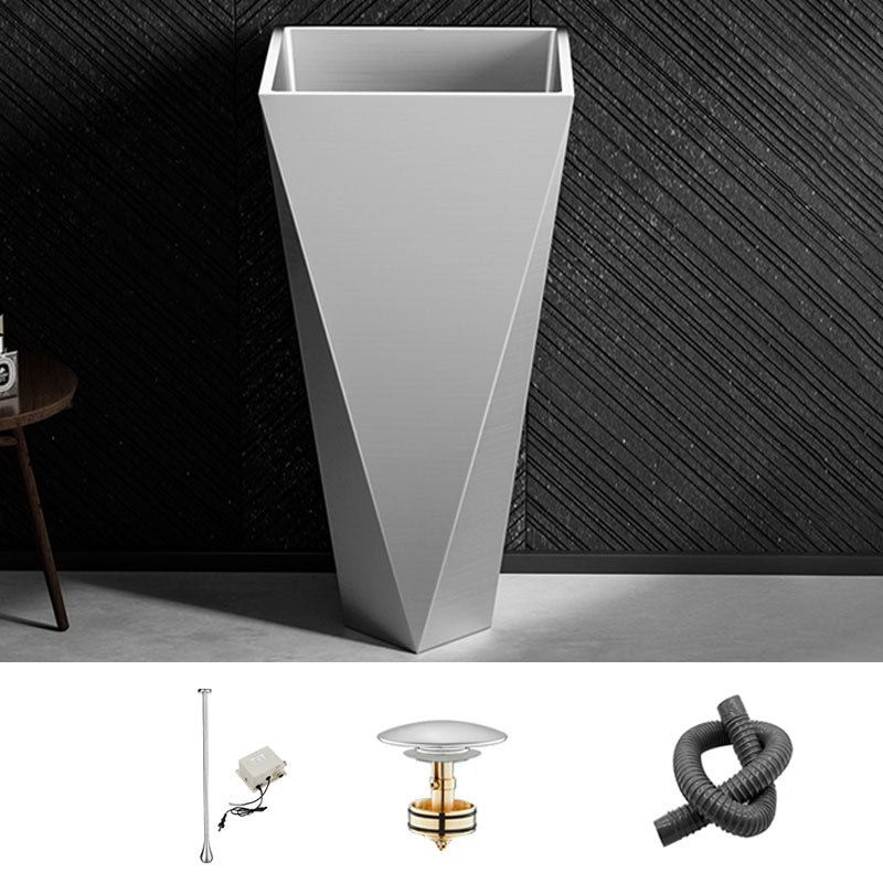 Modern Bathroom Sink with Pop-Up Drain Metal Rectangular Pedestal Bathroom Sink Silver Ceiling Sensing Faucet Sink with Faucet Clearhalo 'Bathroom Remodel & Bathroom Fixtures' 'Bathroom Sinks & Faucet Components' 'Bathroom Sinks' 'bathroom_sink' 'Home Improvement' 'home_improvement' 'home_improvement_bathroom_sink' 7338167