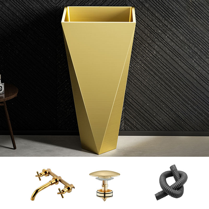 Modern Bathroom Sink with Pop-Up Drain Metal Rectangular Pedestal Bathroom Sink Gold Triporate Sink with Faucet Clearhalo 'Bathroom Remodel & Bathroom Fixtures' 'Bathroom Sinks & Faucet Components' 'Bathroom Sinks' 'bathroom_sink' 'Home Improvement' 'home_improvement' 'home_improvement_bathroom_sink' 7338172