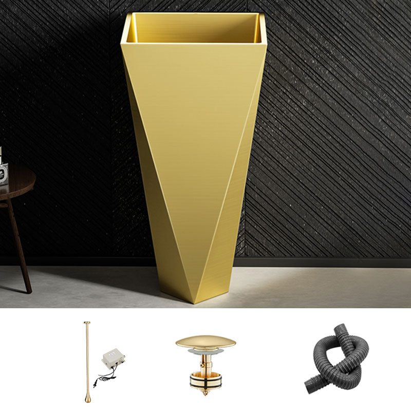 Modern Bathroom Sink with Pop-Up Drain Metal Rectangular Pedestal Bathroom Sink Gold Ceiling Sensing Faucet Sink with Faucet Clearhalo 'Bathroom Remodel & Bathroom Fixtures' 'Bathroom Sinks & Faucet Components' 'Bathroom Sinks' 'bathroom_sink' 'Home Improvement' 'home_improvement' 'home_improvement_bathroom_sink' 7338175