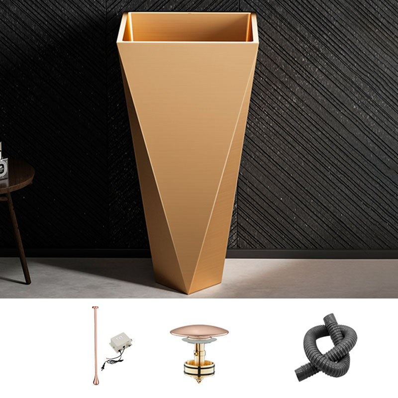 Modern Bathroom Sink with Pop-Up Drain Metal Rectangular Pedestal Bathroom Sink Rose Gold Ceiling Sensing Faucet Sink with Faucet Clearhalo 'Bathroom Remodel & Bathroom Fixtures' 'Bathroom Sinks & Faucet Components' 'Bathroom Sinks' 'bathroom_sink' 'Home Improvement' 'home_improvement' 'home_improvement_bathroom_sink' 7338180