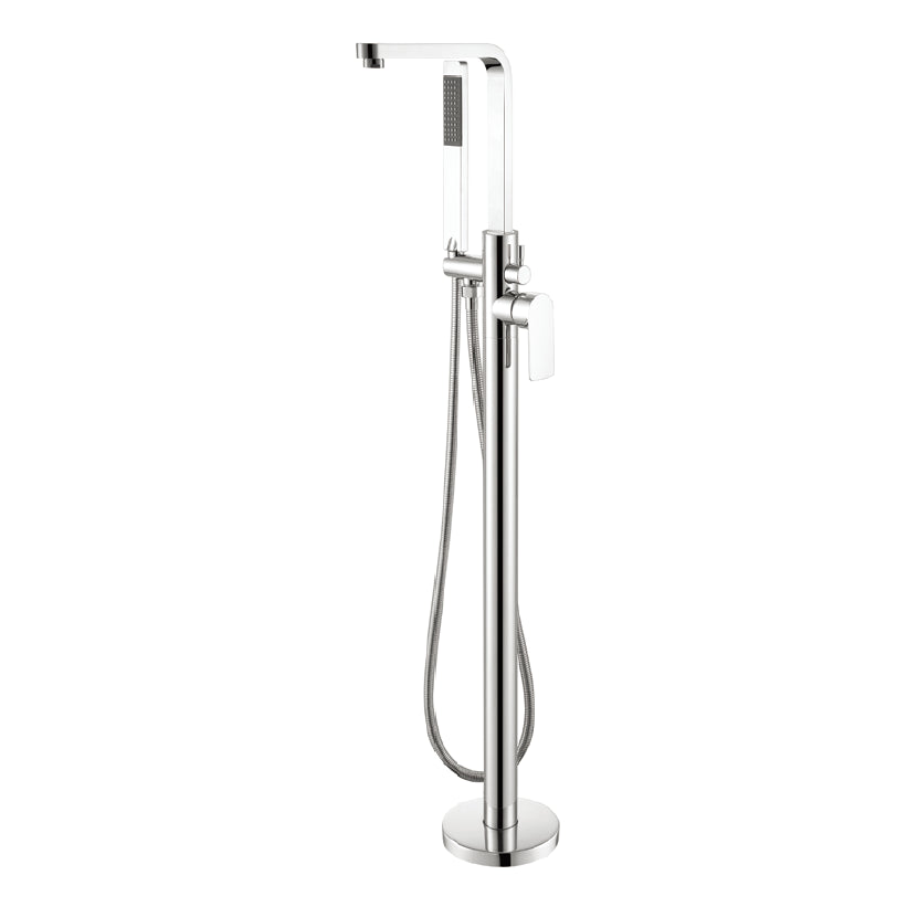 Traditional Floor Mounted Metal Freestanding Tub Filler Swivel Tub Filler Trim Silver L-Shape Clearhalo 'Bathroom Remodel & Bathroom Fixtures' 'Bathtub Faucets' 'bathtub_faucets' 'Home Improvement' 'home_improvement' 'home_improvement_bathtub_faucets' 7339417