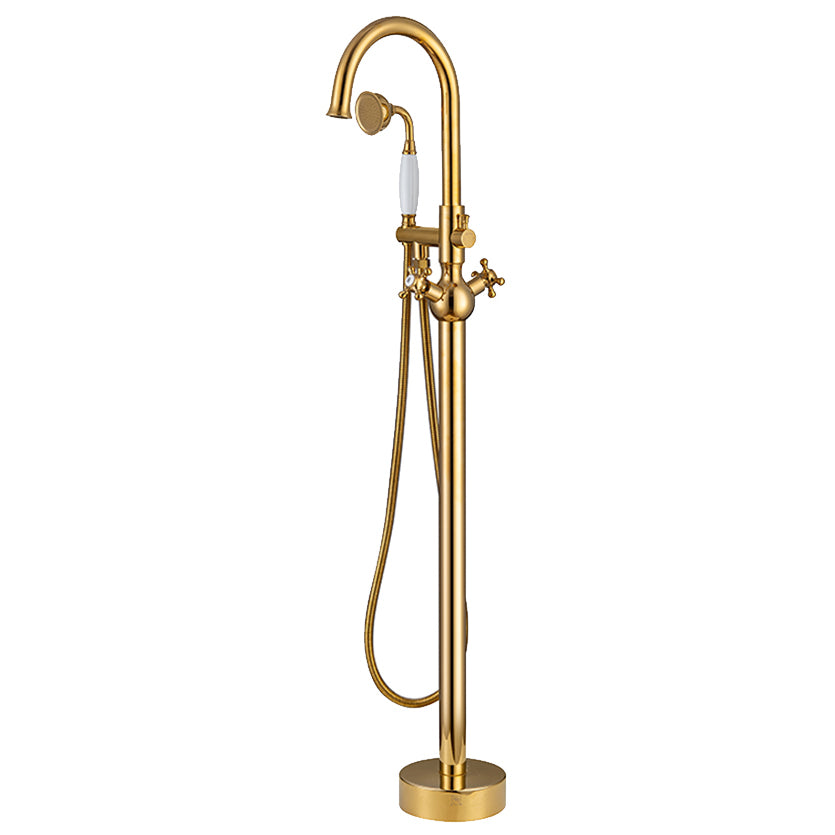 Traditional Floor Mounted Metal Freestanding Tub Filler Swivel Tub Filler Trim Gold Gooseneck Clearhalo 'Bathroom Remodel & Bathroom Fixtures' 'Bathtub Faucets' 'bathtub_faucets' 'Home Improvement' 'home_improvement' 'home_improvement_bathtub_faucets' 7339426
