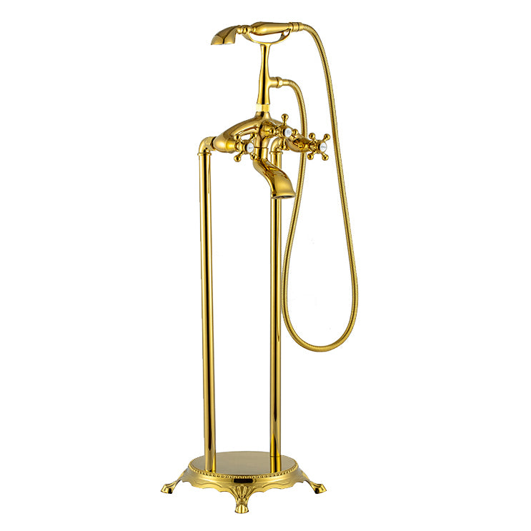 Traditional Floor Mounted Metal Freestanding Tub Filler Swivel Tub Filler Trim Gold Arms Clearhalo 'Bathroom Remodel & Bathroom Fixtures' 'Bathtub Faucets' 'bathtub_faucets' 'Home Improvement' 'home_improvement' 'home_improvement_bathtub_faucets' 7339427