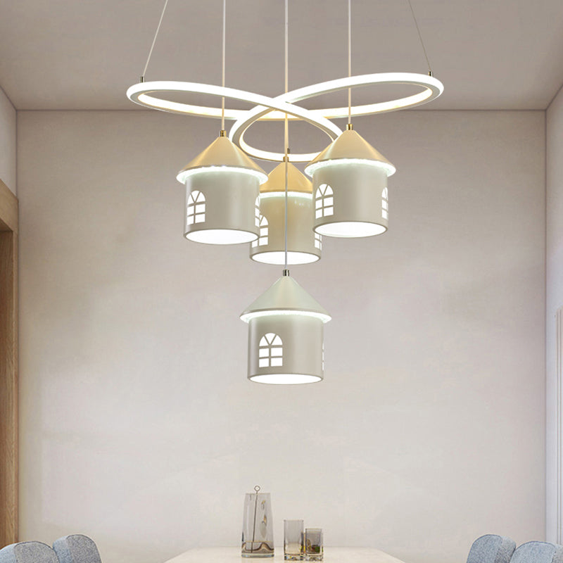 Contemporary Swirl Ceiling Chandelier Acrylic 4 Lights Living Room LED Suspension Lamp in White with House Shade White Clearhalo 'Ceiling Lights' 'Chandeliers' 'Modern Chandeliers' 'Modern' Lighting' 733956