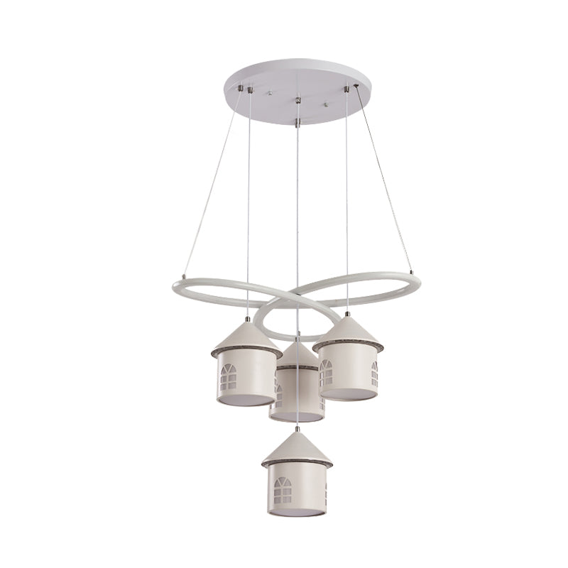 Contemporary Swirl Ceiling Chandelier Acrylic 4 Lights Living Room LED Suspension Lamp in White with House Shade Clearhalo 'Ceiling Lights' 'Chandeliers' 'Modern Chandeliers' 'Modern' Lighting' 733958