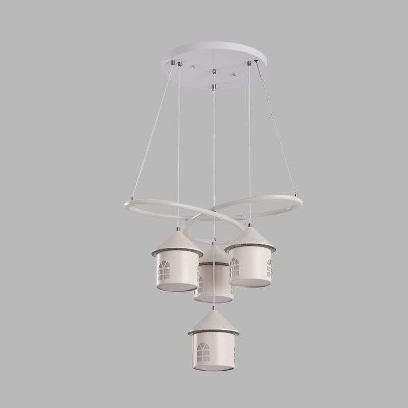Contemporary Swirl Ceiling Chandelier Acrylic 4 Lights Living Room LED Suspension Lamp in White with House Shade Clearhalo 'Ceiling Lights' 'Chandeliers' 'Modern Chandeliers' 'Modern' Lighting' 733959