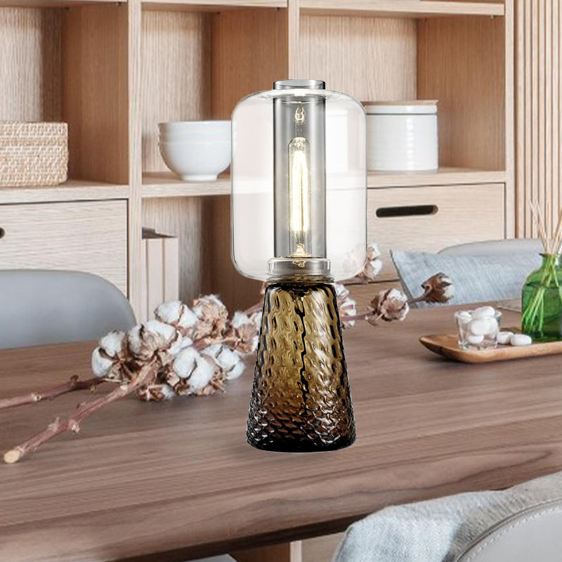 Trapezoid Bedroom Desk Light Smoke Gray/Cognac Water Glass 1-Light Postmodern Plug-In Table Lamp with Cylinder Shade Clearhalo 'Lamps' 'Table Lamps' Lighting' 734048