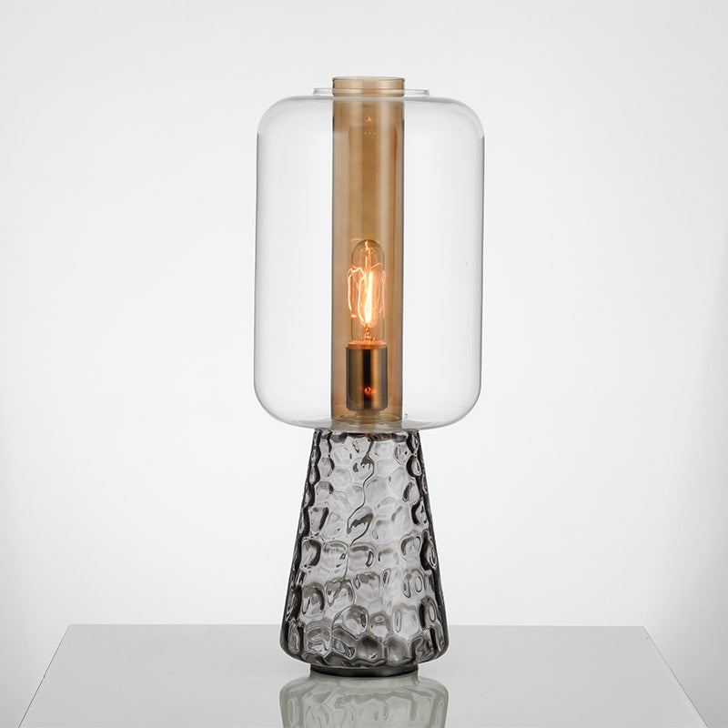 Trapezoid Bedroom Desk Light Smoke Gray/Cognac Water Glass 1-Light Postmodern Plug-In Table Lamp with Cylinder Shade Clearhalo 'Lamps' 'Table Lamps' Lighting' 734054