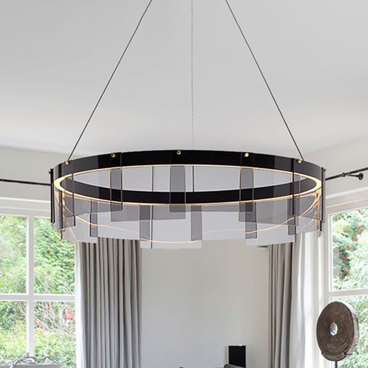 Black Glass Panel Ring Pendant Light Fixture Contemporary LED Ceiling Suspension Lamp in White/Warm Light Black Clearhalo 'Ceiling Lights' 'Chandeliers' 'Glass shade' 'Glass' 'Modern Pendants' 'Modern' 'Pendant Lights' 'Pendants' Lighting' 734113