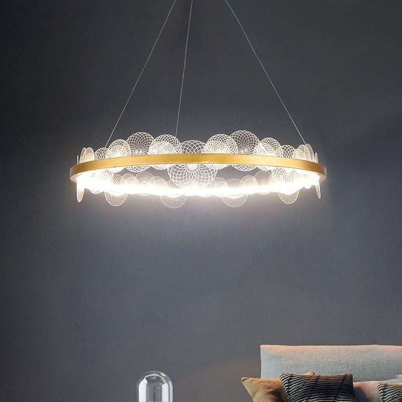 Modern LED Ceiling Light Gold Finish Hoop Chandelier Pendant Lamp with Textured Acrylic Panel Shade in White/Warm Light Clearhalo 'Ceiling Lights' 'Chandeliers' 'Modern Chandeliers' 'Modern' Lighting' 734130