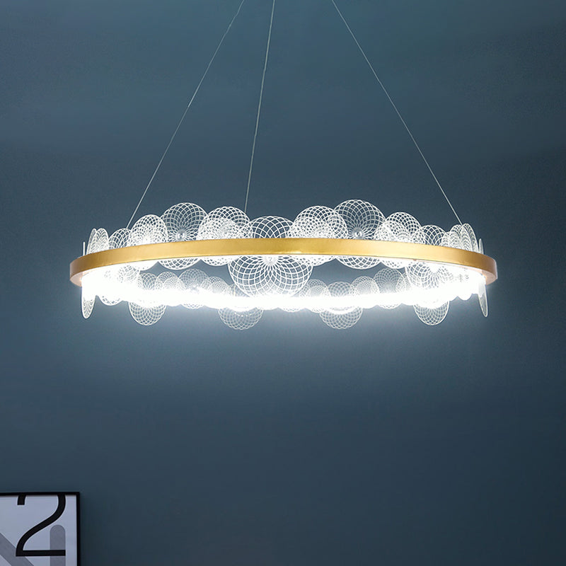 Modern LED Ceiling Light Gold Finish Hoop Chandelier Pendant Lamp with Textured Acrylic Panel Shade in White/Warm Light Clearhalo 'Ceiling Lights' 'Chandeliers' 'Modern Chandeliers' 'Modern' Lighting' 734131
