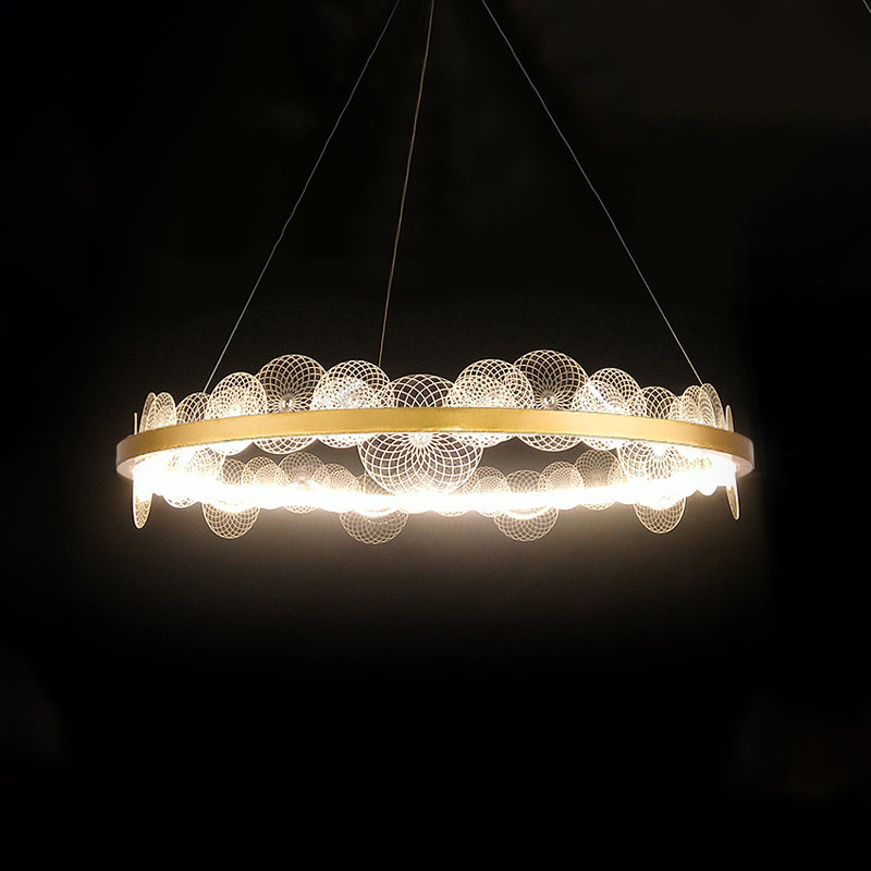 Modern LED Ceiling Light Gold Finish Hoop Chandelier Pendant Lamp with Textured Acrylic Panel Shade in White/Warm Light Clearhalo 'Ceiling Lights' 'Chandeliers' 'Modern Chandeliers' 'Modern' Lighting' 734132