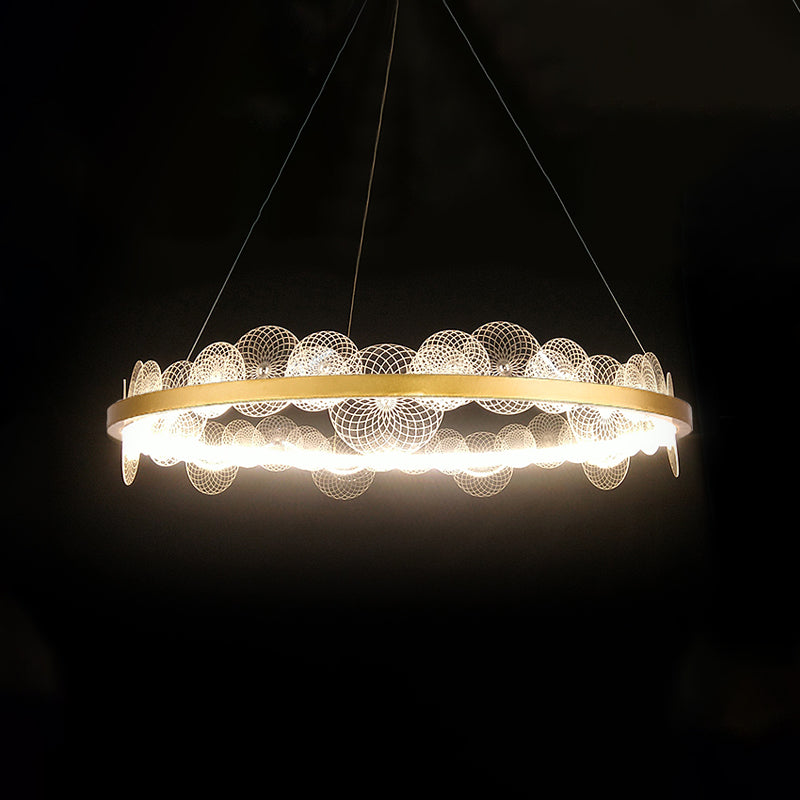 Modern LED Ceiling Light Gold Finish Hoop Chandelier Pendant Lamp with Textured Acrylic Panel Shade in White/Warm Light Clearhalo 'Ceiling Lights' 'Chandeliers' 'Modern Chandeliers' 'Modern' Lighting' 734132