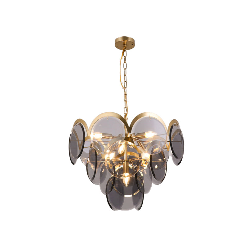 Round Panel Pendant Light Fixture Post Modern Smoke Gray Glass 7 Heads Brass Hanging Chandelier Clearhalo 'Ceiling Lights' 'Chandeliers' 'Glass shade' 'Glass' 'Modern Chandeliers' 'Modern' 'Pendant Lights' Lighting' 734191
