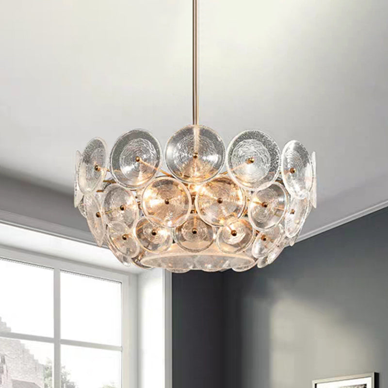 Acrylic Circle Panel Chandelier Lighting Modernist 3 Bulbs Hanging Pendant Lamp in Gold Clearhalo 'Ceiling Lights' 'Chandeliers' 'Modern Chandeliers' 'Modern' Lighting' 734195