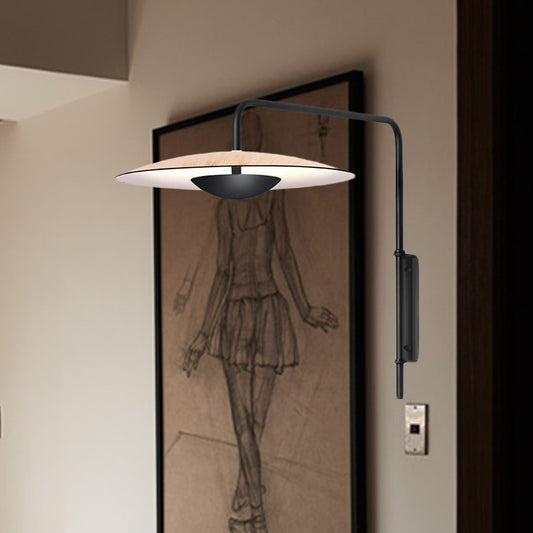 Flat Disk Iron Wall Sconce Light Modernism Black/Light Wood LED Wall Mount Lamp in White/Warm Light with Plug In Cord Light Wood Clearhalo 'Cast Iron' 'Glass' 'Industrial' 'Modern wall lights' 'Modern' 'Tiffany' 'Traditional wall lights' 'Wall Lamps & Sconces' 'Wall Lights' Lighting' 734234
