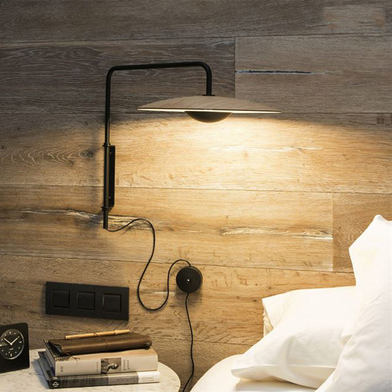 Flat Disk Iron Wall Sconce Light Modernism Black/Light Wood LED Wall Mount Lamp in White/Warm Light with Plug In Cord Clearhalo 'Cast Iron' 'Glass' 'Industrial' 'Modern wall lights' 'Modern' 'Tiffany' 'Traditional wall lights' 'Wall Lamps & Sconces' 'Wall Lights' Lighting' 734235