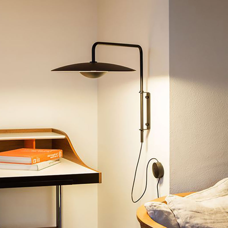 Flat Disk Iron Wall Sconce Light Modernism Black/Light Wood LED Wall Mount Lamp in White/Warm Light with Plug In Cord Black Clearhalo 'Cast Iron' 'Glass' 'Industrial' 'Modern wall lights' 'Modern' 'Tiffany' 'Traditional wall lights' 'Wall Lamps & Sconces' 'Wall Lights' Lighting' 734238