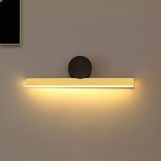 Simple Linear Vanity Wall Mount Light Metal LED Bedroom Sconce Lamp with Black Tube Backplate in Gold, White/Warm Light Gold Clearhalo 'Cast Iron' 'Glass' 'Industrial' 'Modern wall lights' 'Modern' 'Tiffany' 'Traditional wall lights' 'Vanity Lights' 'Wall Lights' Lighting' 734245