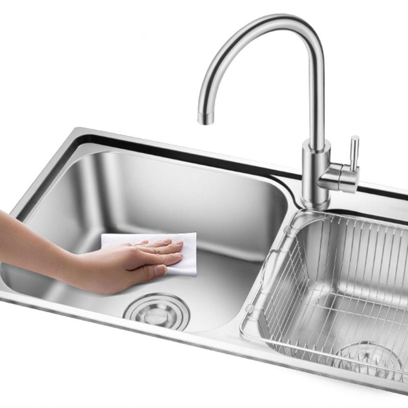 Double Basin Kitchen Sink Modern Stainless Steel Kitchen Sink with Drain Assembly Clearhalo 'Home Improvement' 'home_improvement' 'home_improvement_kitchen_sinks' 'Kitchen Remodel & Kitchen Fixtures' 'Kitchen Sinks & Faucet Components' 'Kitchen Sinks' 'kitchen_sinks' 7342460