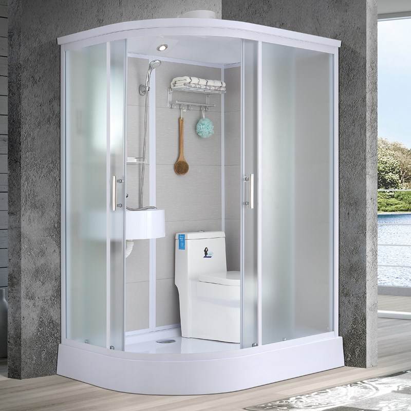 Single Sliding White Shower Kit Rectangle Frosted Shower Stall 55"L x 43"W x 85"H Toilet Not Included Round Clearhalo 'Bathroom Remodel & Bathroom Fixtures' 'Home Improvement' 'home_improvement' 'home_improvement_shower_stalls_enclosures' 'Shower Stalls & Enclosures' 'shower_stalls_enclosures' 'Showers & Bathtubs' 7342616