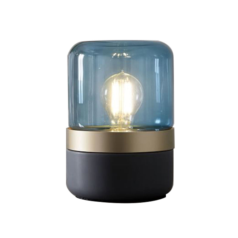 1 Bulb Bedroom Small Desk Light Modern Grey Table Lamp with Cylinder Light Blue Glass Shade Clearhalo 'Lamps' 'Table Lamps' Lighting' 734273